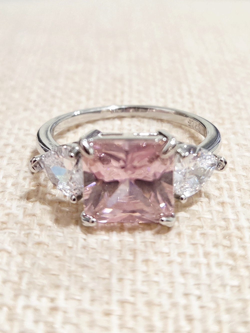 Pink Topaz Square-Cut Three-Stone Ring in Sterling Silver~ Size 10